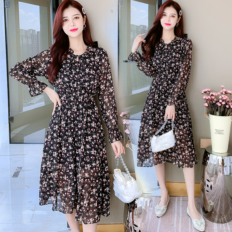 Autumn Floral Chiffon Dress Women 2022 Long Sleeve High-End Waist-Cinched Gentle