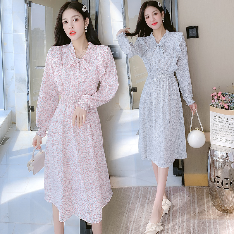 French Vintage V-Neck Long Sleeve Midi Dress Women Autumn 2022 Print Slim Waist