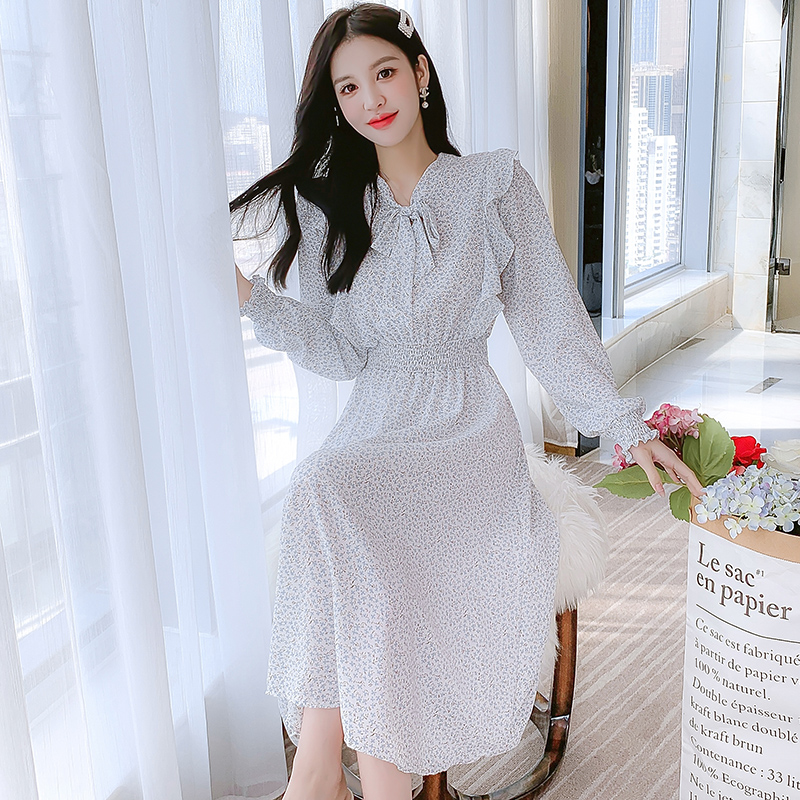 French Vintage V-Neck Long Sleeve Midi Dress Women Autumn 2022 Print Slim Waist