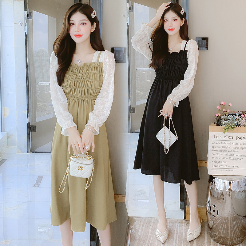 2022 Autumn Hepburn Style Embroidered Patchwork Long Sleeve A-Line Dress