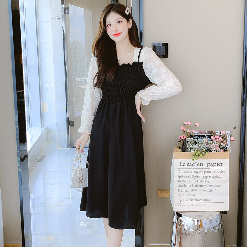 2022 Autumn Hepburn Style Embroidered Patchwork Long Sleeve A-Line Dress