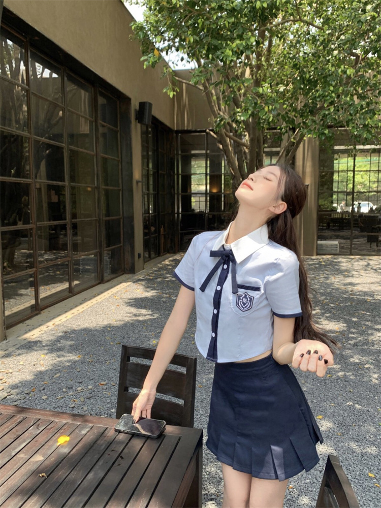 Korean Preppy Style Summer School Uniform Blue Shirt and Pleated Skirt Two-Piece Set for Women