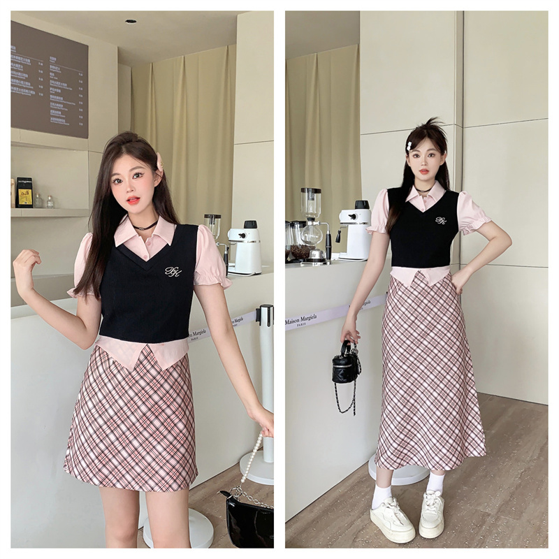 Plus Size Preppy Color Block Shirt and Plaid Skirt Set