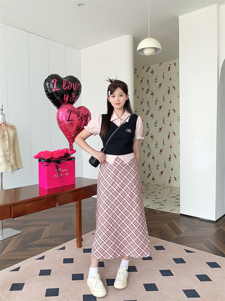 Plus Size Preppy Color Block Shirt and Plaid Skirt Set