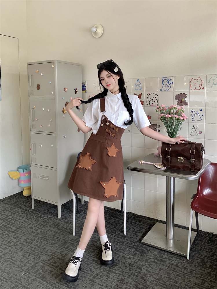 Caramel One-Shoulder Strap Denim Dress 2025 Summer Retro A-Line Slimming Short Dress