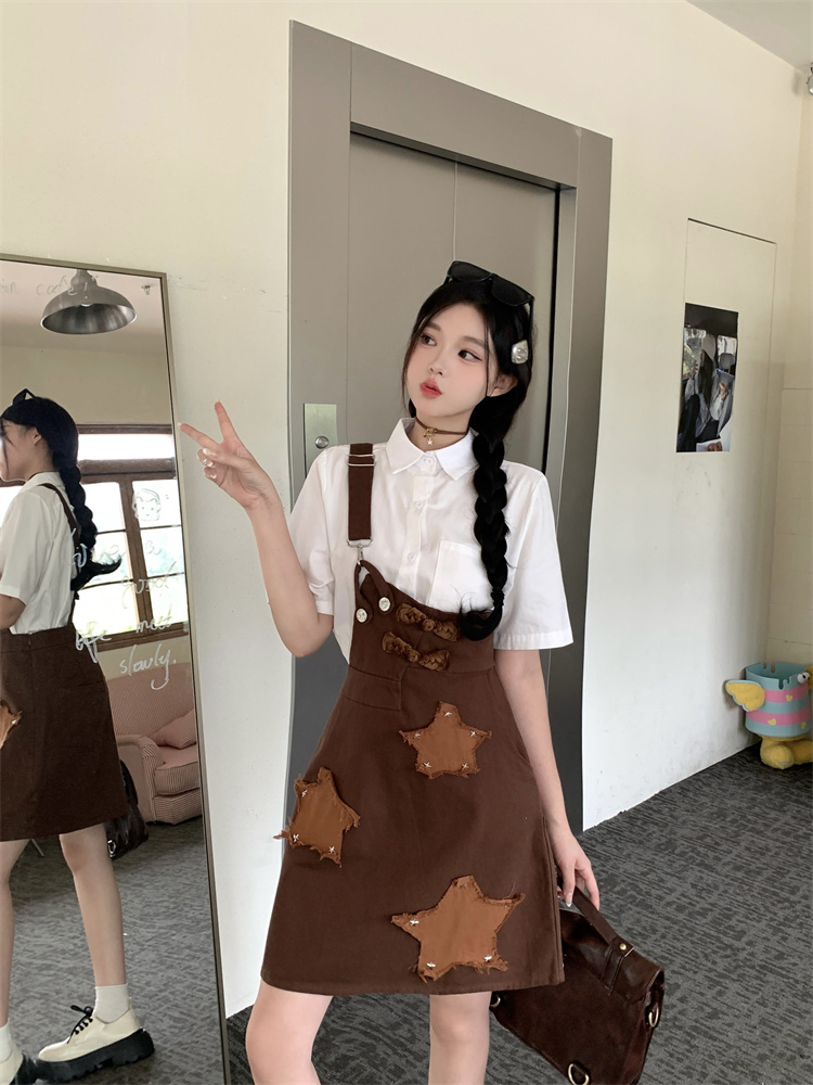 Caramel One-Shoulder Strap Denim Dress 2025 Summer Retro A-Line Slimming Short Dress
