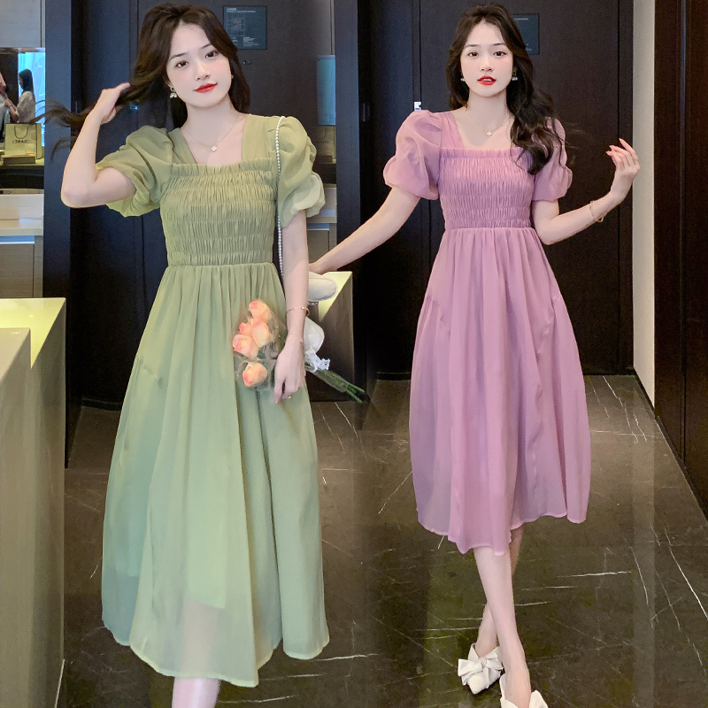 Women’s Summer 2022 Chiffon Short Sleeve French Style Waist Cinched Elegant Fairy Dress