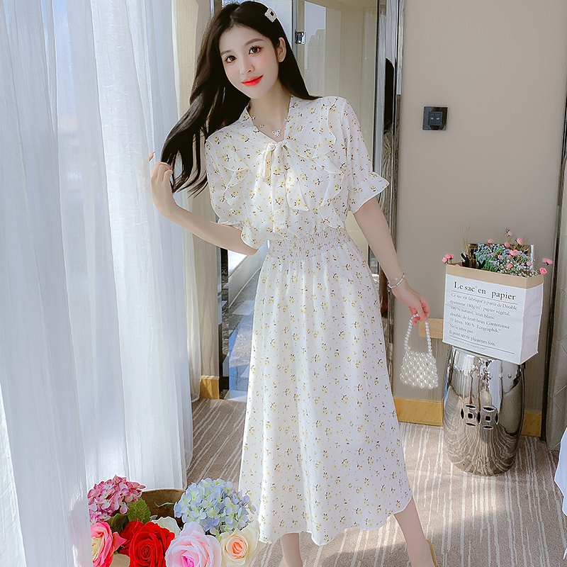 Women's Floral Chiffon Dress Summer 2022 V-Neck High Waist A-Line Long Dress