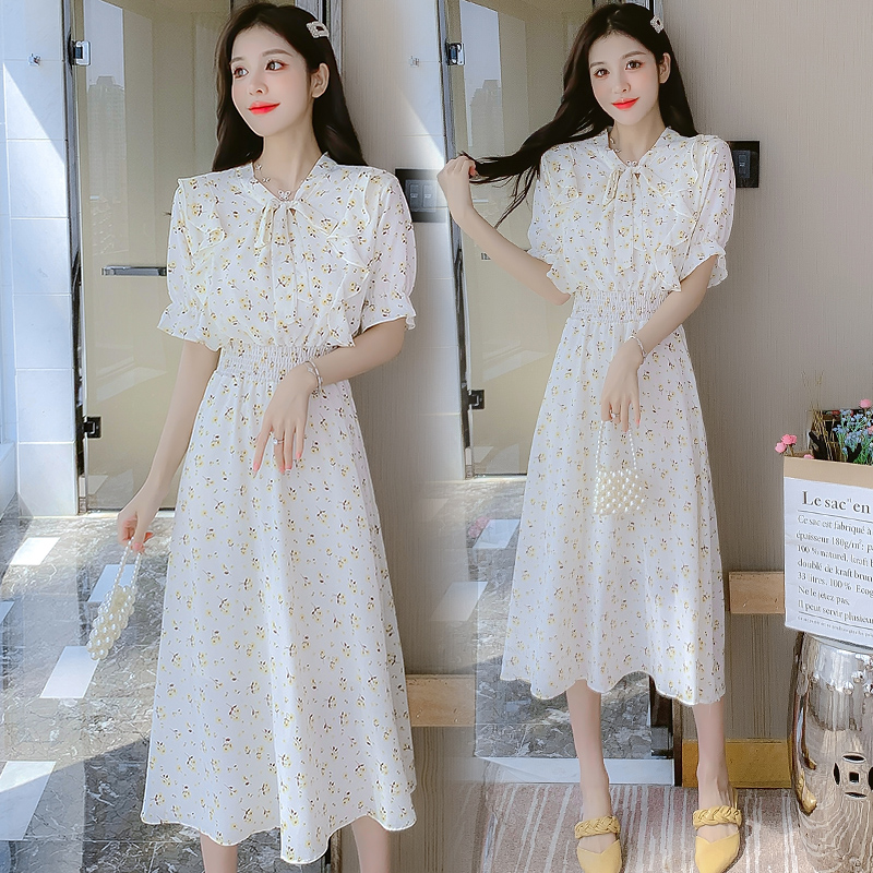 Women’s Floral Chiffon Dress Summer 2022 V-Neck High Waist A-Line Long Dress