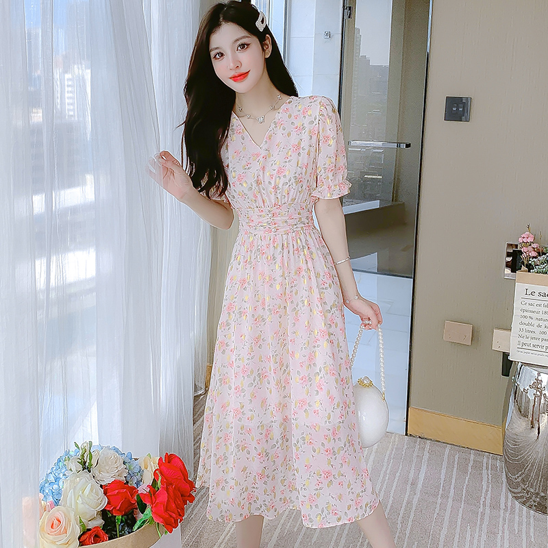 2022 Summer Chiffon Short Sleeve V Neck Floral Print A Line Long Dress