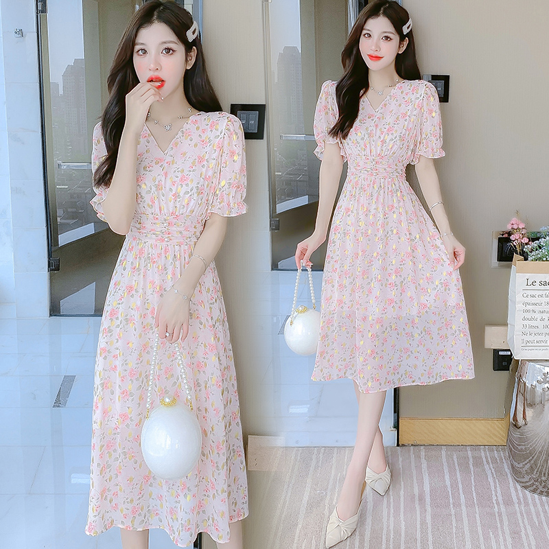 2022 Summer Chiffon Short Sleeve V Neck Floral Print A Line Long Dress