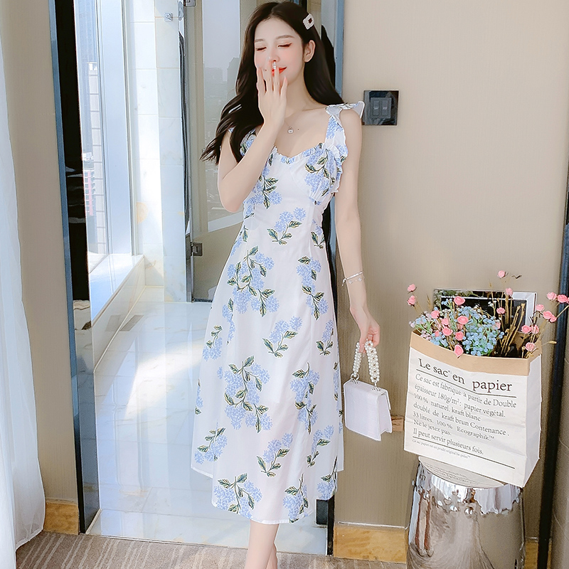 2022 New Sleeveless Spaghetti Strap French Style Chic Hong Kong Retro Print Dress