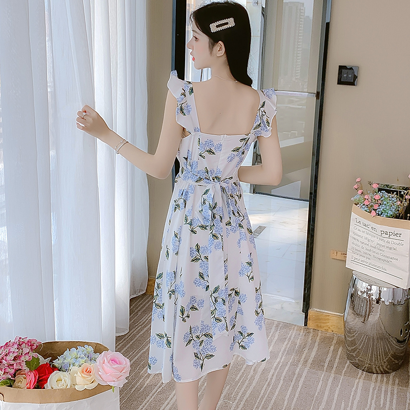 2022 New Sleeveless Spaghetti Strap French Style Chic Hong Kong Retro Print Dress