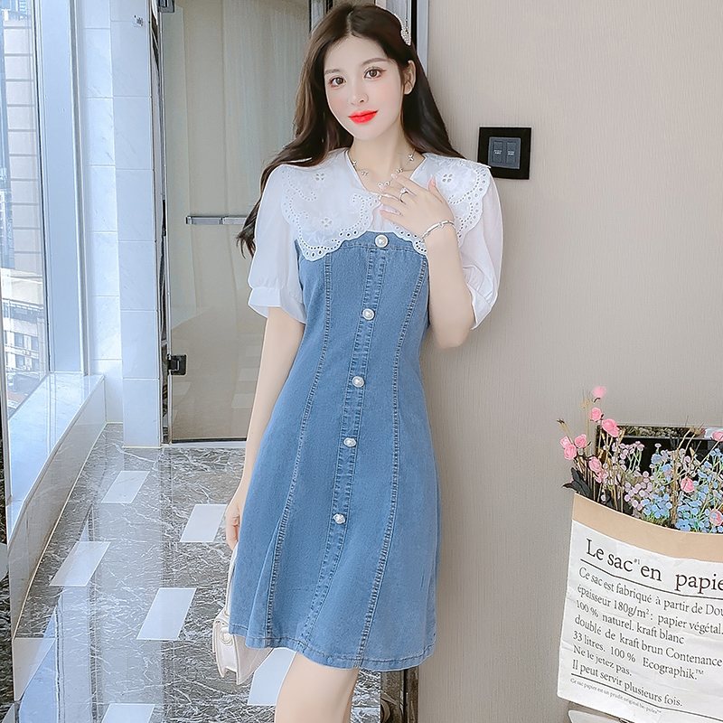 2022 New Denim Patchwork Fake Two-Piece French Short Sleeve A-Line Dress