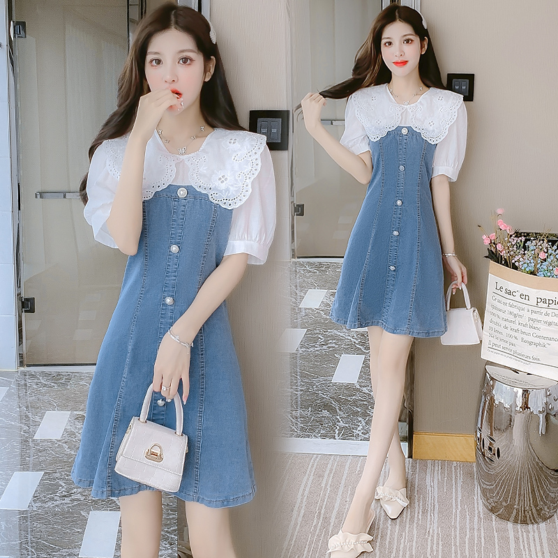 2022 New Denim Patchwork Fake Two-Piece French Short Sleeve A-Line Dress