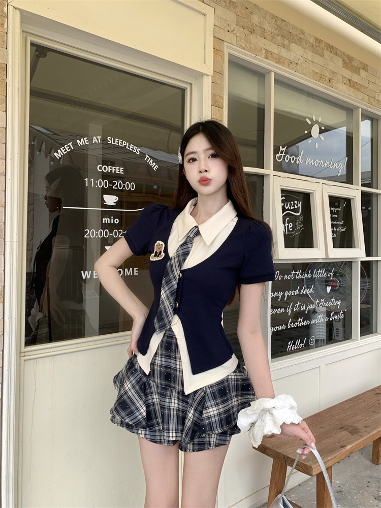 Preppy JK Uniform Set Summer Bear Faux Two-Piece Shirt and Plaid Skirt – Style 6e491d