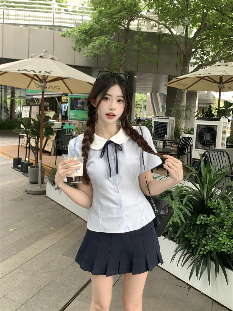 Women’s JK Uniform Short Sleeve Shirt Set with Blue Embroidery – Style 6e49a4