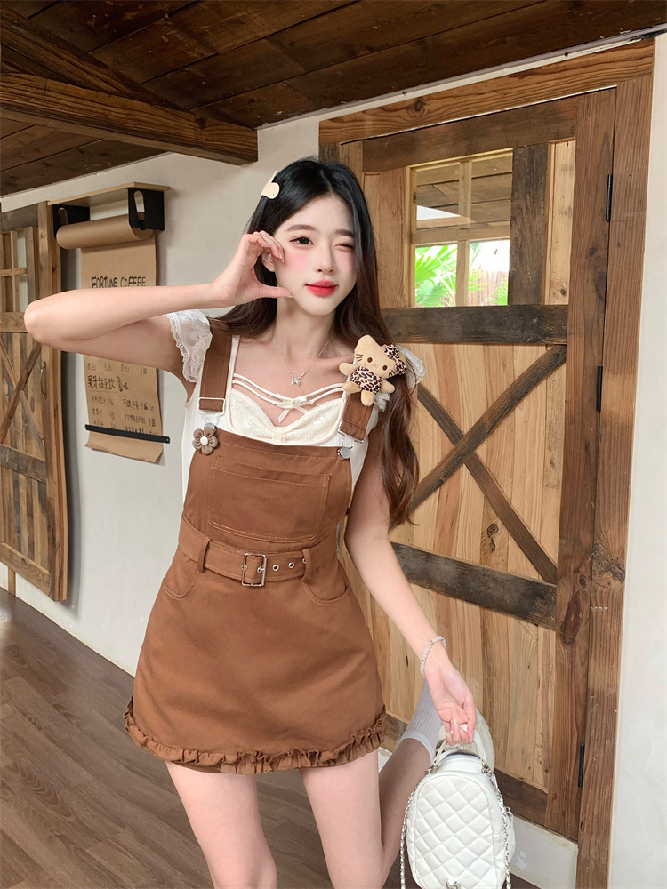 Sweetheart Soft Summer Slimming Sweet Style Niche Design Overalls Set with Fly Sleeve Top for Women – Style f6164d