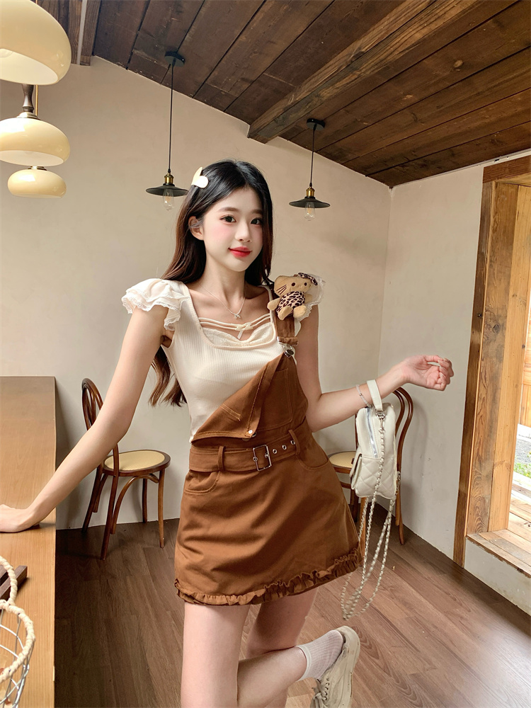Sweetheart Soft Summer Slimming Sweet Style Niche Design Overalls Set with Fly Sleeve Top for Women – Style f6164d