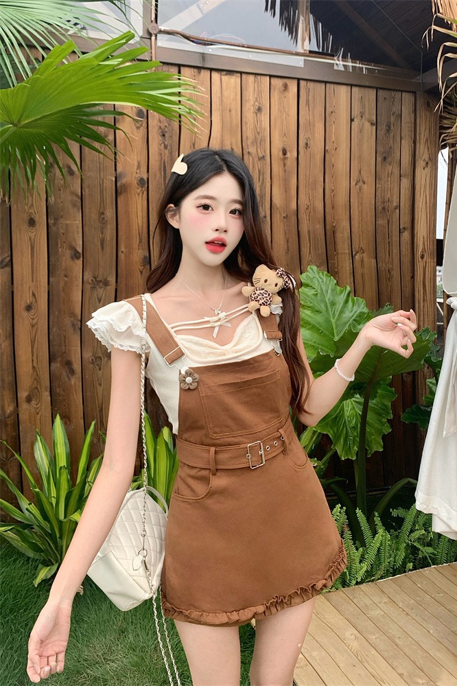 Sweetheart Soft Summer Slimming Sweet Style Niche Design Overalls Set with Fly Sleeve Top for Women - Style f6164d - Image 5