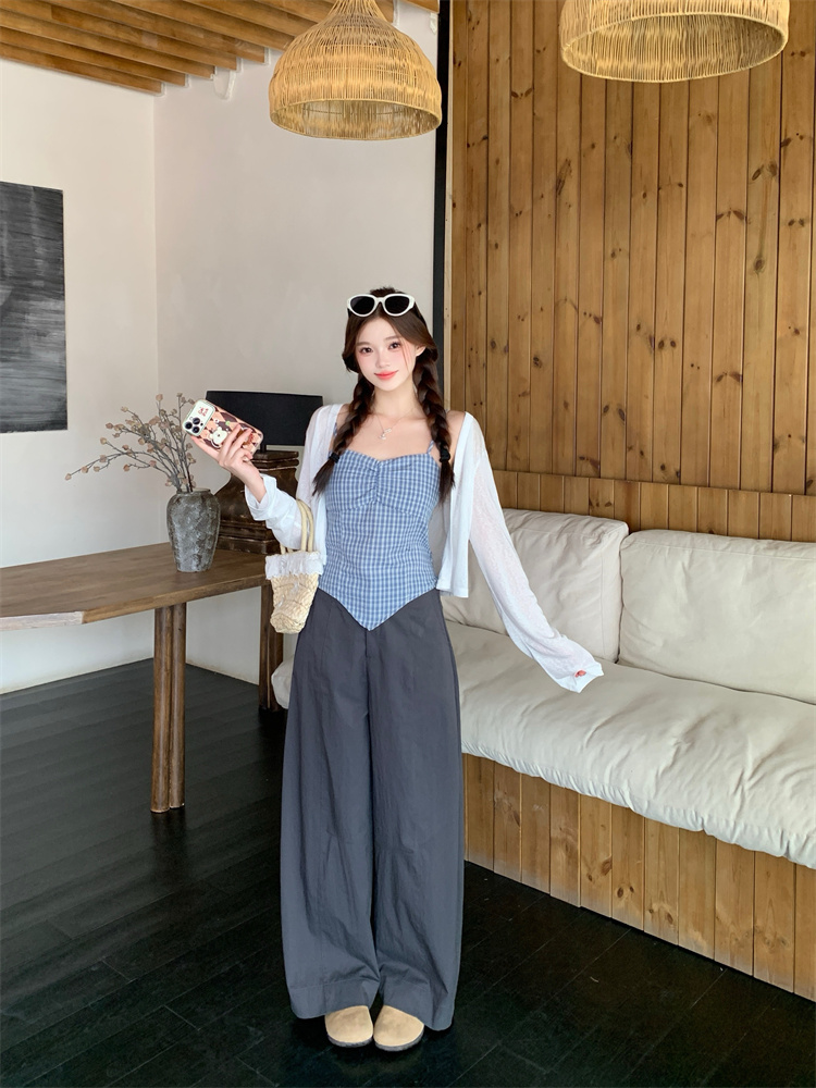 2025 Summer New Design Fashionable Sling Cardigan Slimming Casual Loose Versatile Wide-Leg Pants Set