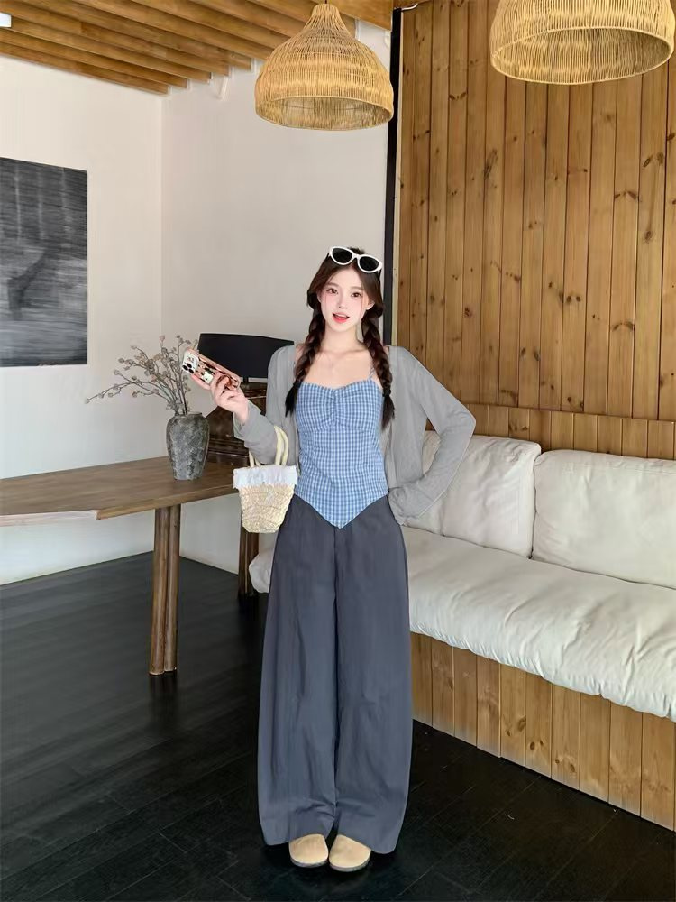 2025 Summer New Design Fashionable Sling Cardigan Slimming Casual Loose Versatile Wide-Leg Pants Set