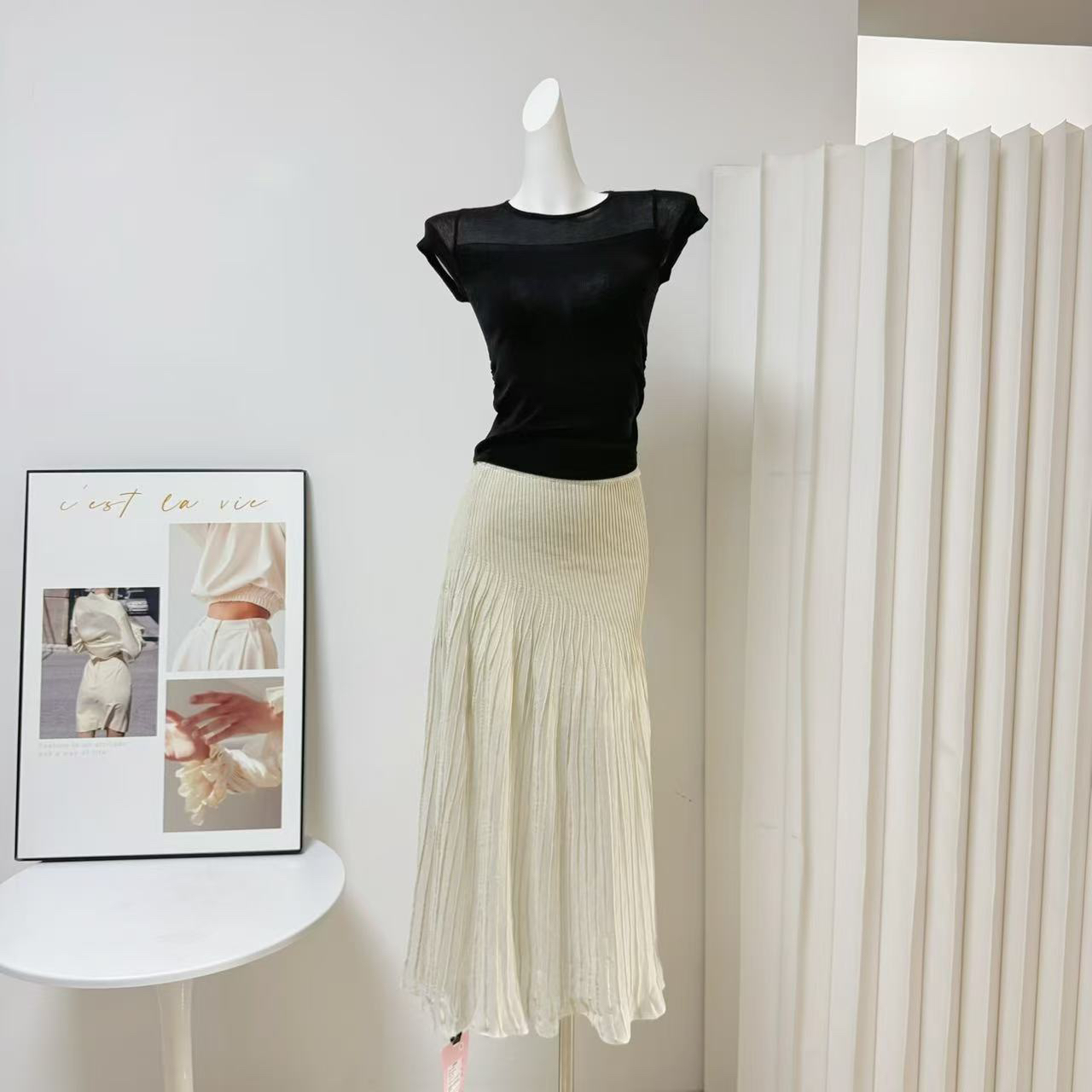 Sheer Mermaid Pleated Skirt with Sculpted Detail
