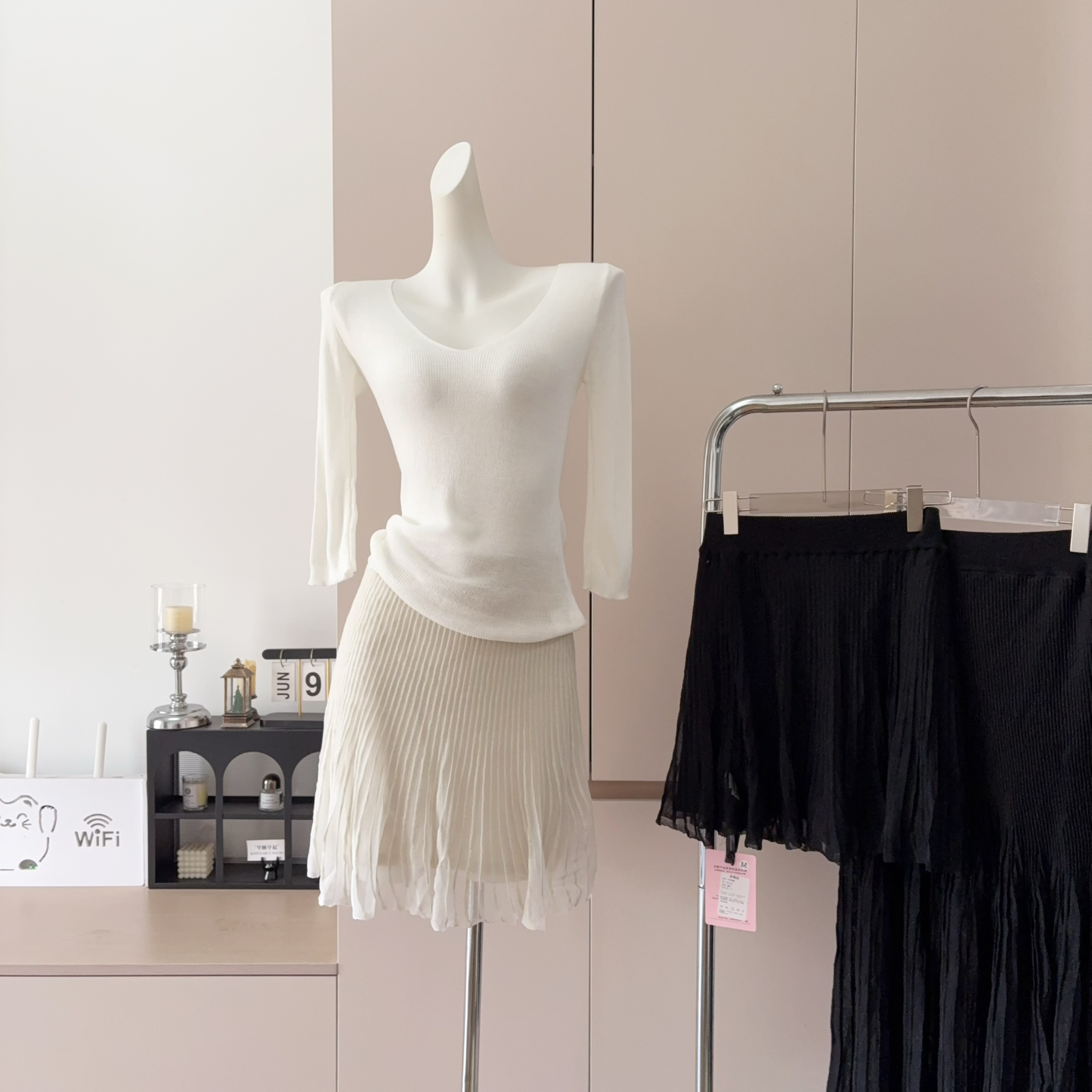 Pleated A-Line Skirt with Sheer Mesh Panels and Ribbed Texture