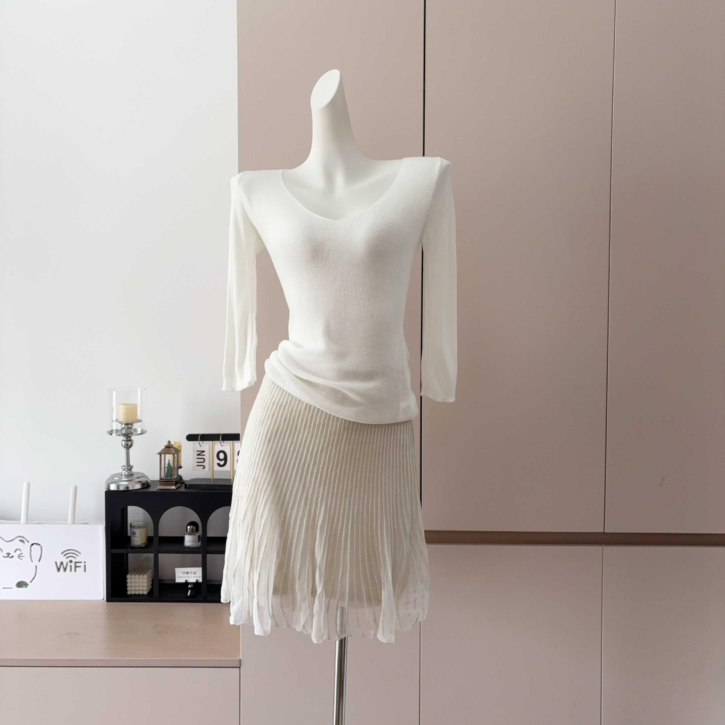 Pleated A-Line Skirt with Sheer Mesh Panels and Ribbed Texture