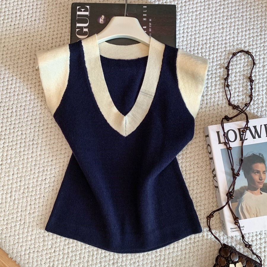 Women's Color-Block V-Neck Knit Top with Cap Sleeves 2026 Summer Slimming Commuter Pullover - Image 5