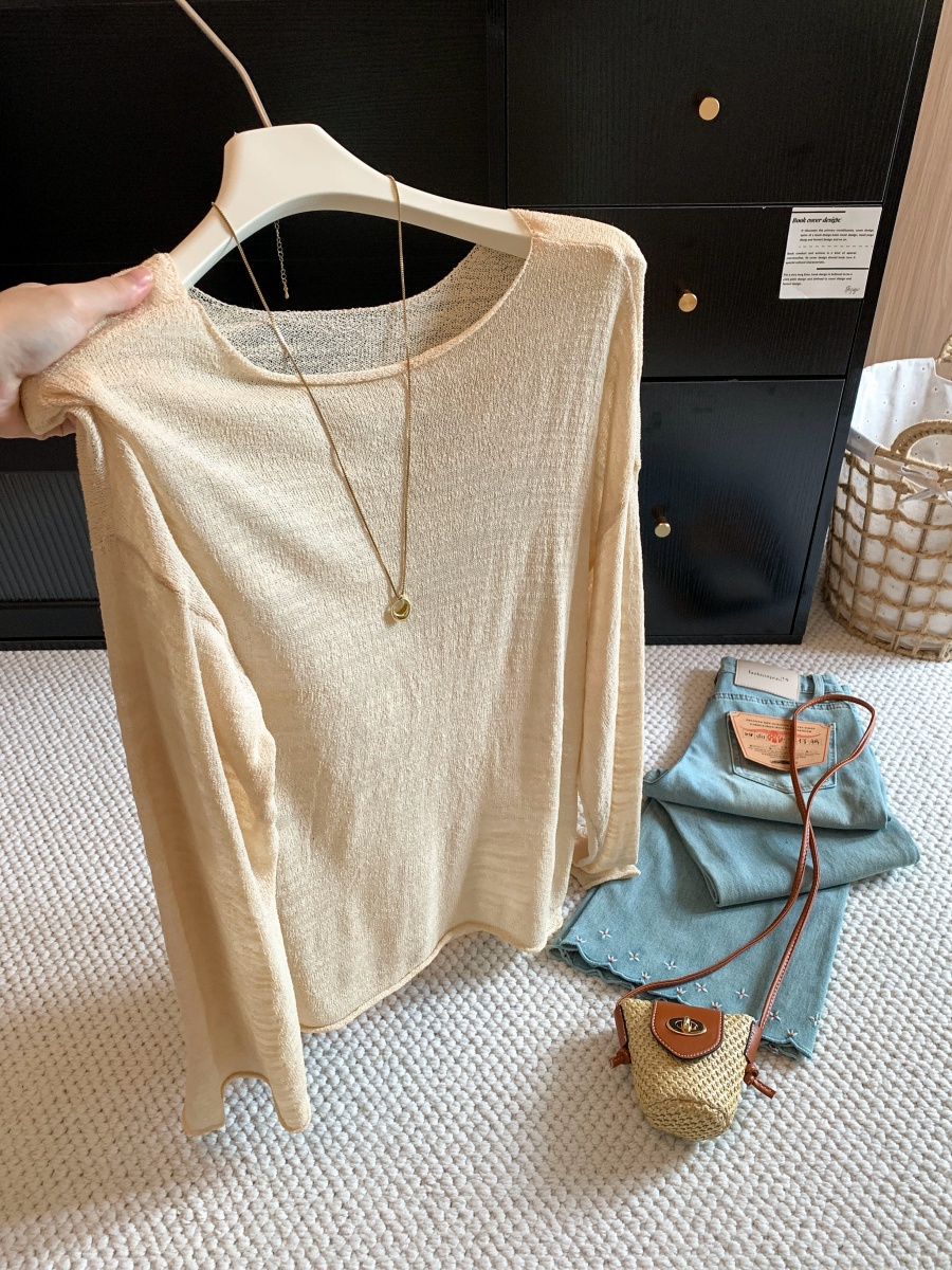 Women’s Sheer Knit Boat Neck Off-Shoulder Long Sleeve Sun Protection Top 2026 Summer