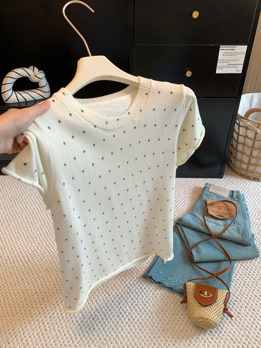 Soft Skin-Friendly Polka Dot Print Round Neck Knit Short Sleeve T-Shirt 2026 Early Autumn Casual Pullover Top