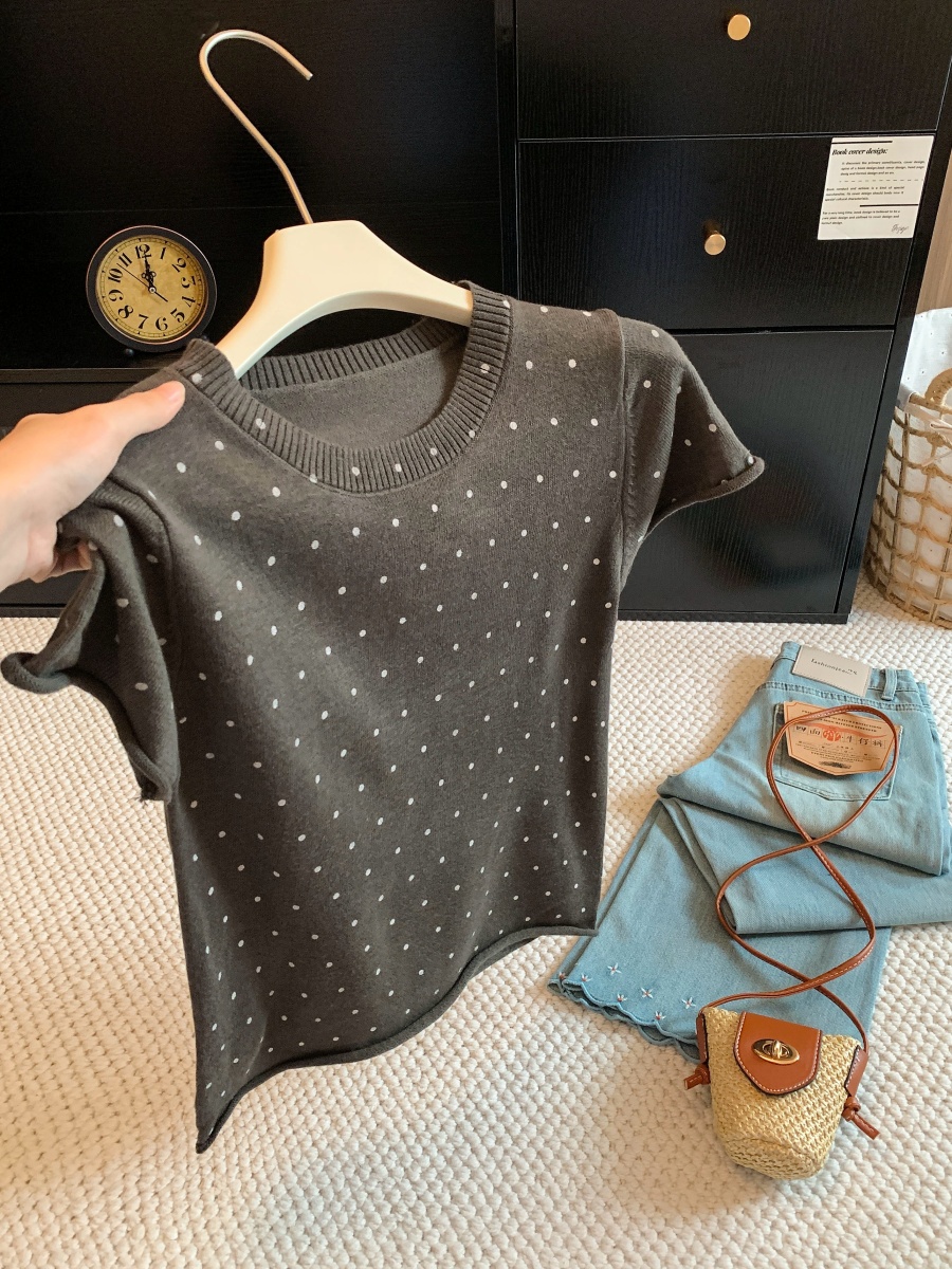 Soft Skin-Friendly Polka Dot Print Round Neck Knit Short Sleeve T-Shirt 2026 Early Autumn Casual Pullover Top - Image 3