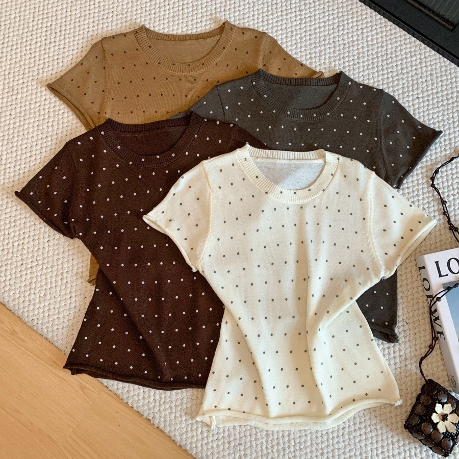 Soft Skin-Friendly Polka Dot Print Round Neck Knit Short Sleeve T-Shirt 2026 Early Autumn Casual Pullover Top - Image 5