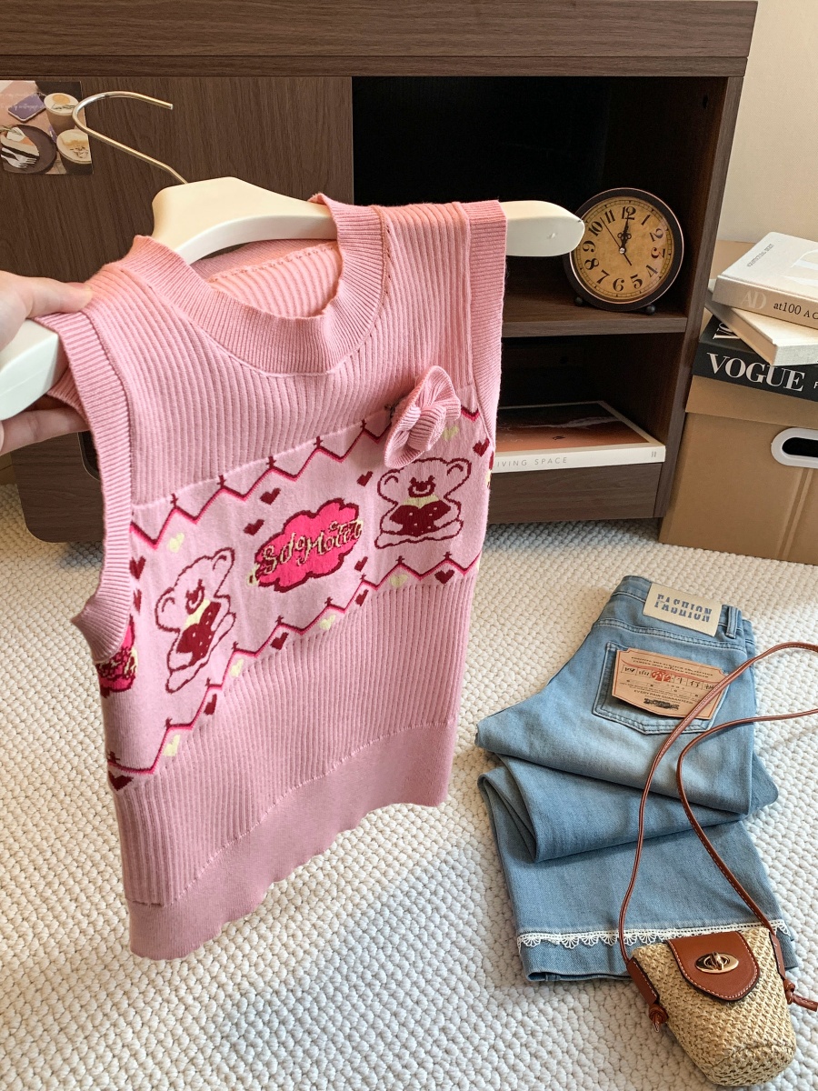Pink Cartoon Print Sleeveless Knit Vest Women Summer Slim Fit Top