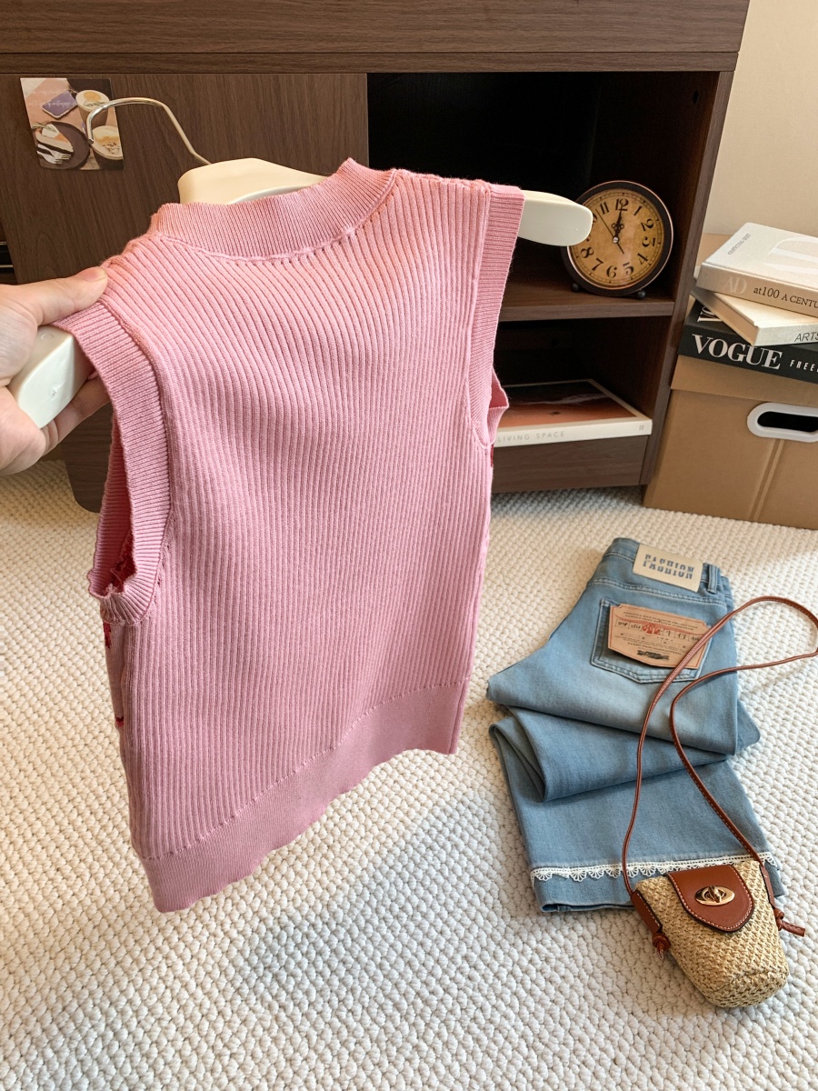 Pink Cartoon Print Sleeveless Knit Vest Women Summer Slim Fit Top