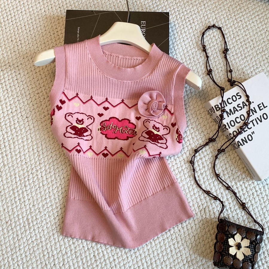 Pink Cartoon Print Sleeveless Knit Vest Women Summer Slim Fit Top - Image 5