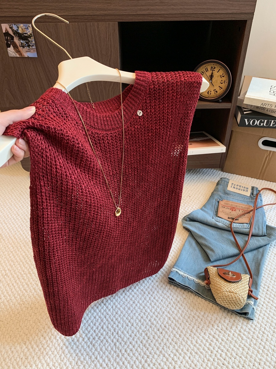 Korean Round Neck Openwork Knit Vest Women 2026 Summer Loose Slimming Top