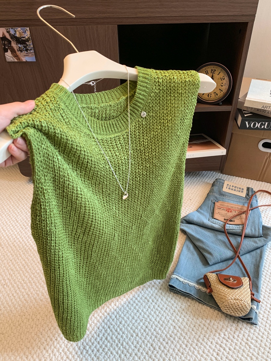 Korean Round Neck Openwork Knit Vest Women 2026 Summer Loose Slimming Top