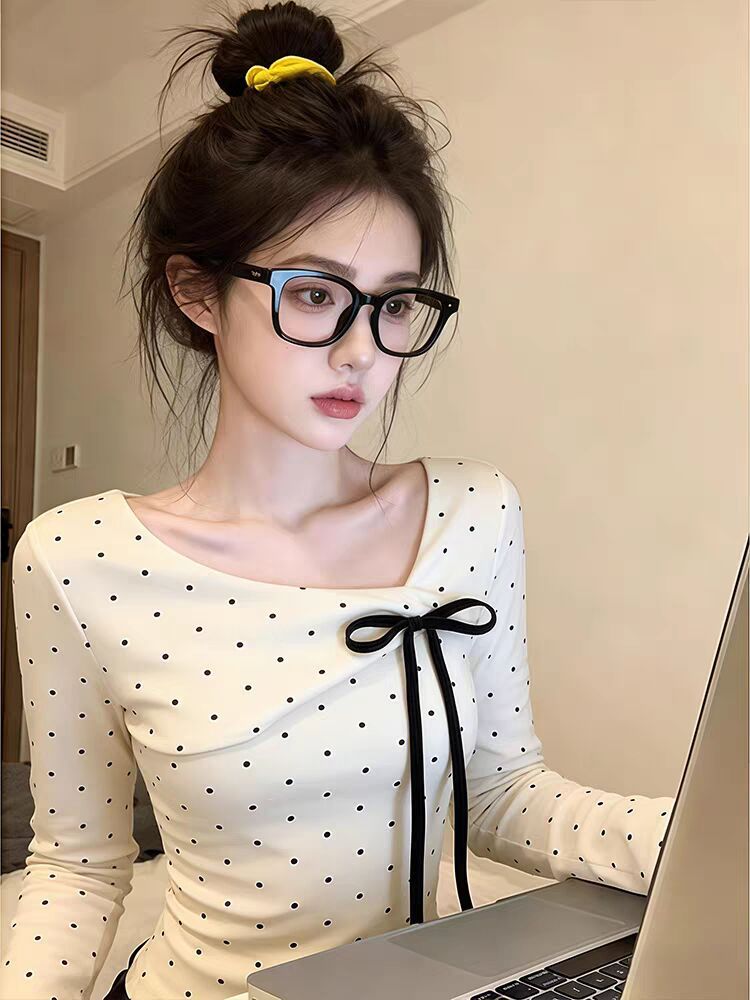 Korean Style Allover Polka Dot Bow Long Sleeve Top for Women Sweet Base Layer