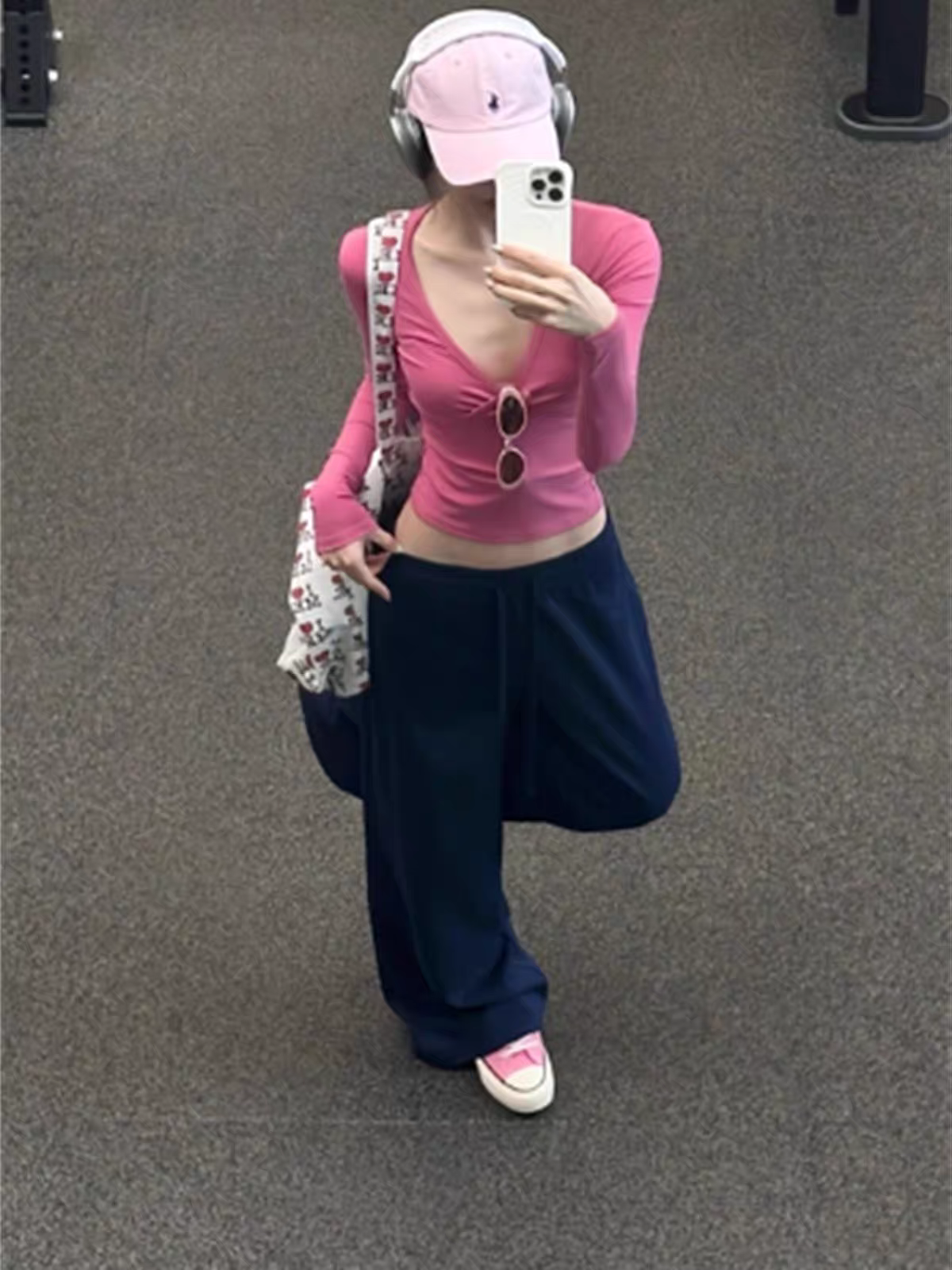Korean Style Rose Red Deep V-Neck Long Sleeve Women’s Top