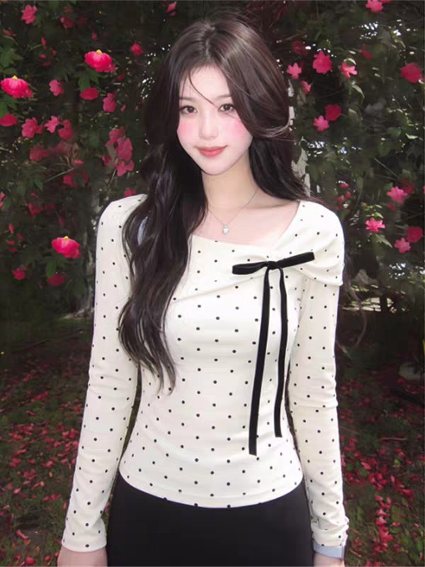 Korean Style Full Polka Dot Bow Long Sleeve Top for Women Sweet Base Layer 2026 Fall New Pure Desire Style