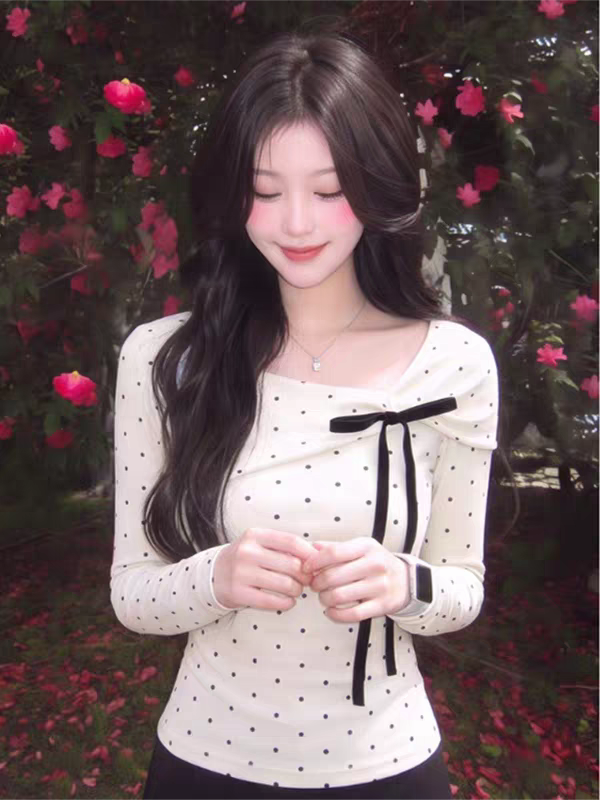 Korean Style Full Polka Dot Bow Long Sleeve Top for Women Sweet Base Layer 2026 Fall New Pure Desire Style - Image 4