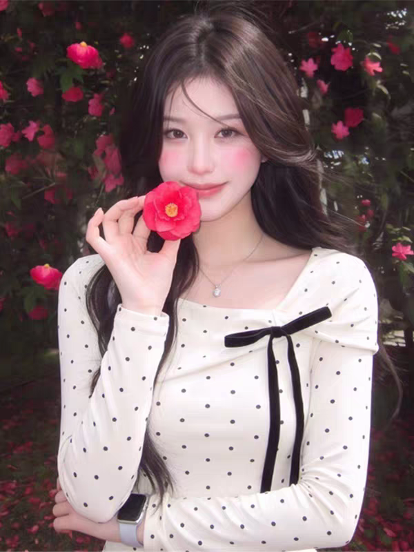 Korean Style Full Polka Dot Bow Long Sleeve Top for Women Sweet Base Layer 2026 Fall New Pure Desire Style - Image 3