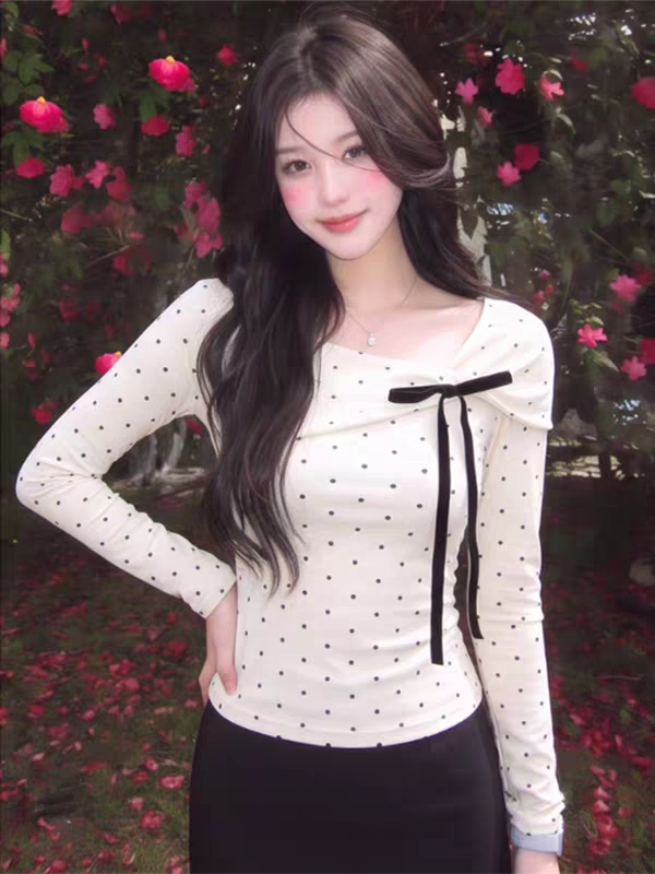 Korean Style Full Polka Dot Bow Long Sleeve Top for Women Sweet Base Layer 2026 Fall New Pure Desire Style