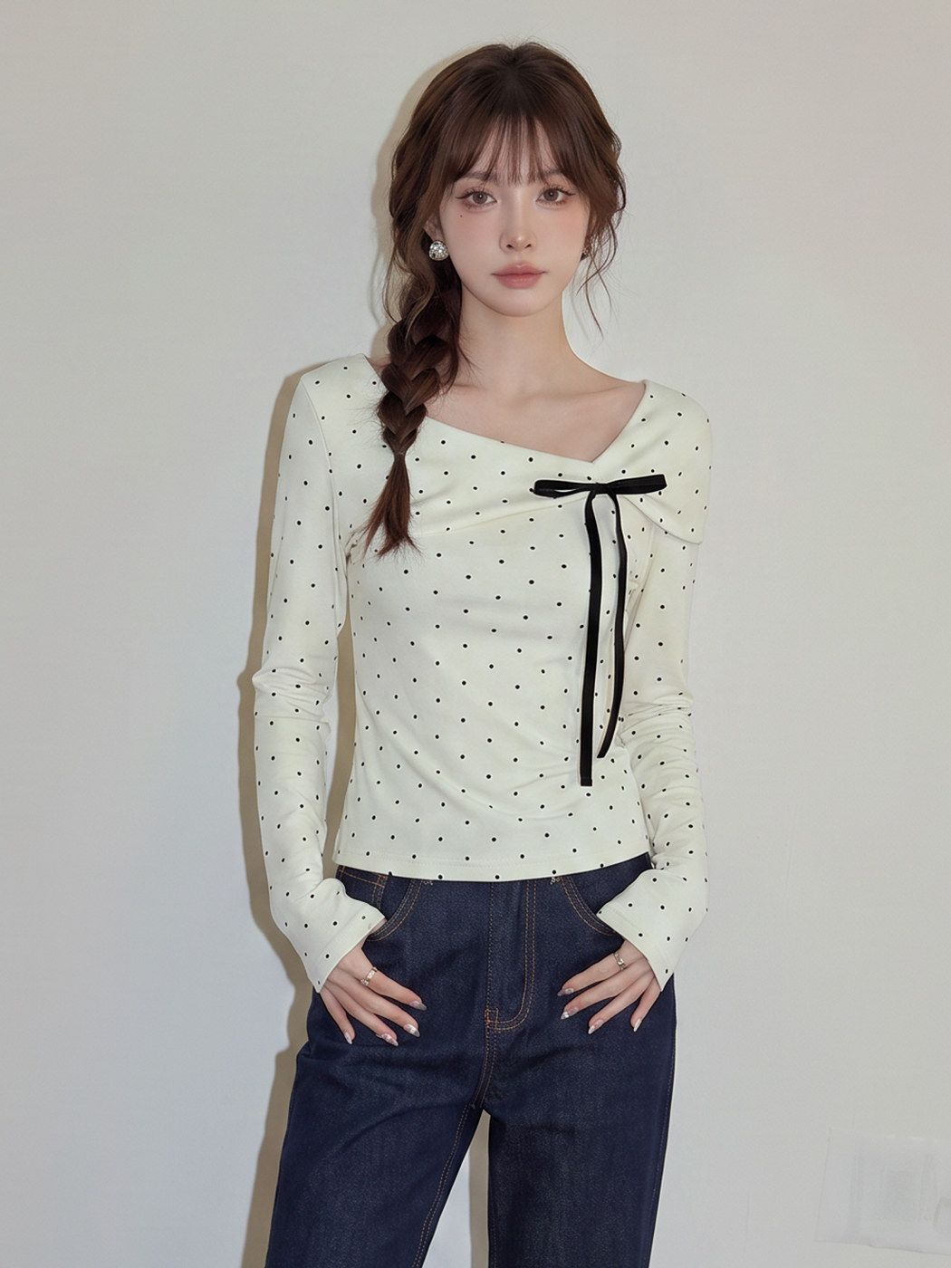 Korean Style Full Polka Dot Bow Long Sleeve Top for Women Sweet Base Layer 2026 Winter New Ins Fashion