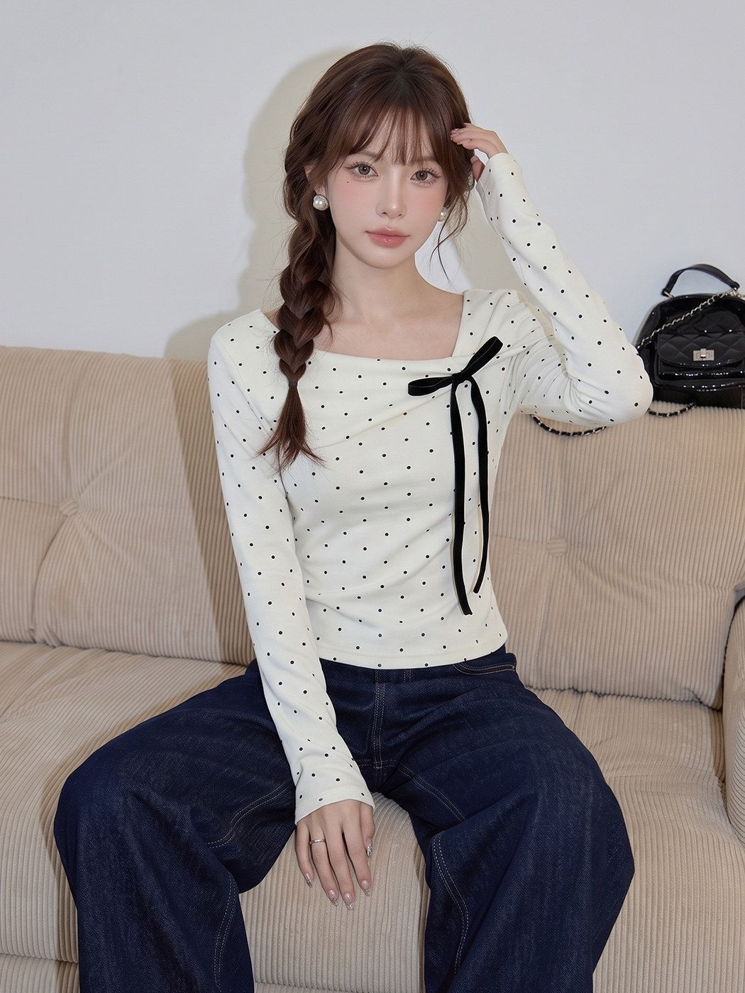 Korean Style Full Polka Dot Bow Long Sleeve Top for Women Sweet Base Layer 2026 Winter New Ins Fashion