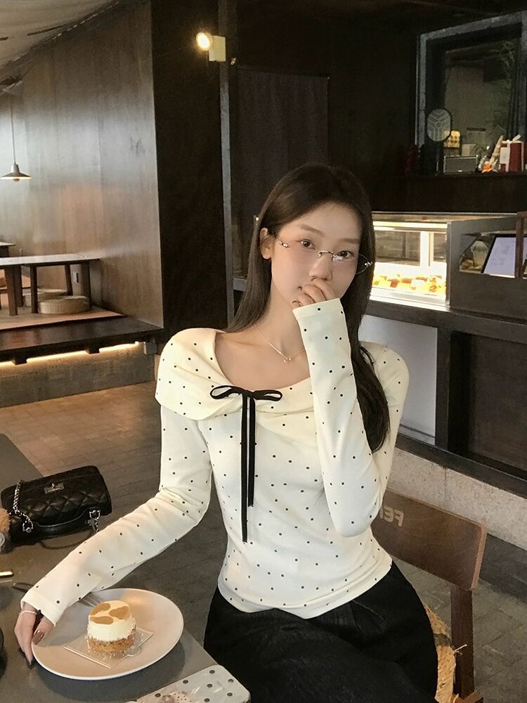 Korean Style Full Polka Dot Bow Long Sleeve Top for Women Sweet Base Layer