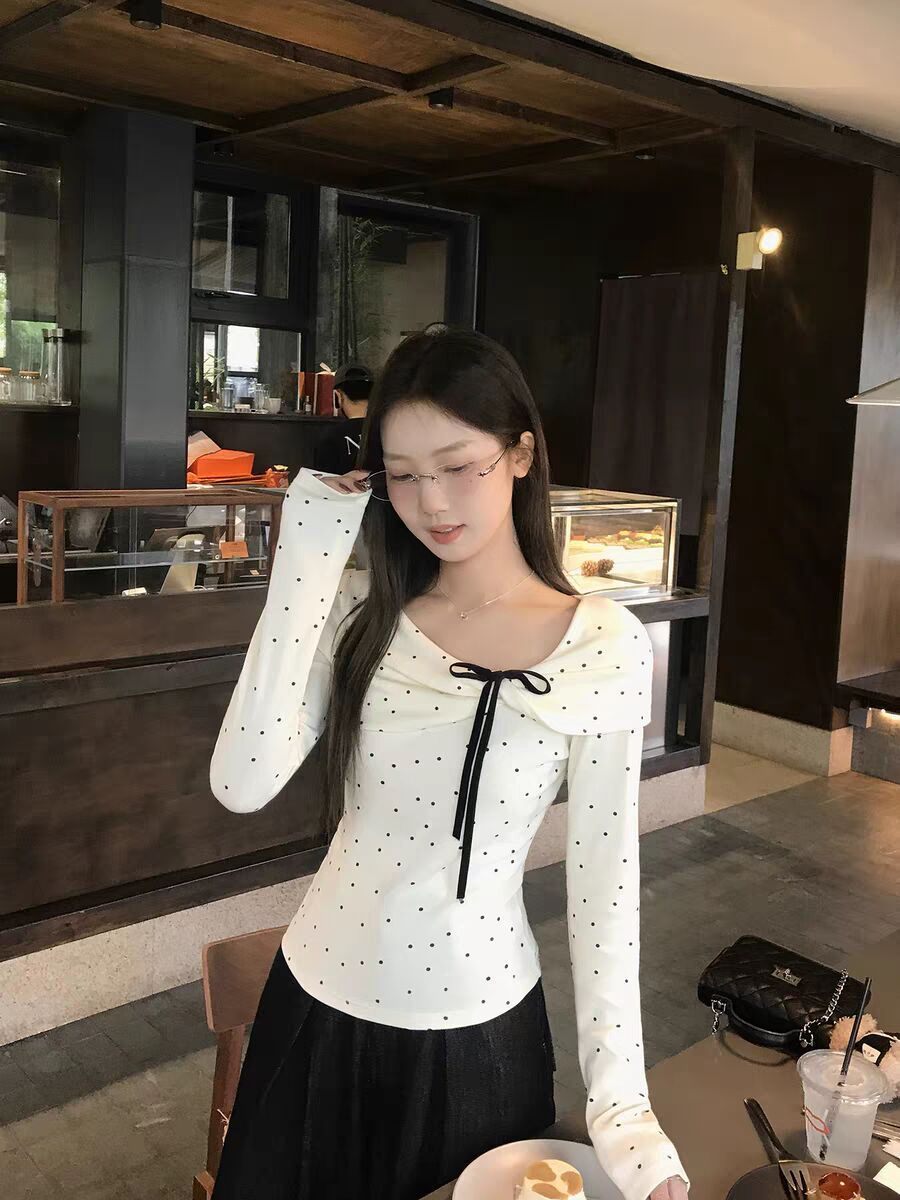 Korean Style Full Polka Dot Bow Long Sleeve Top for Women Sweet Base Layer