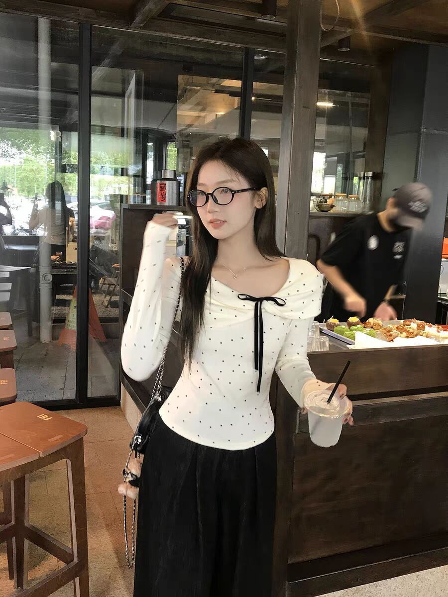 Korean Style Full Polka Dot Bow Long Sleeve Top for Women Sweet Base Layer - Image 3